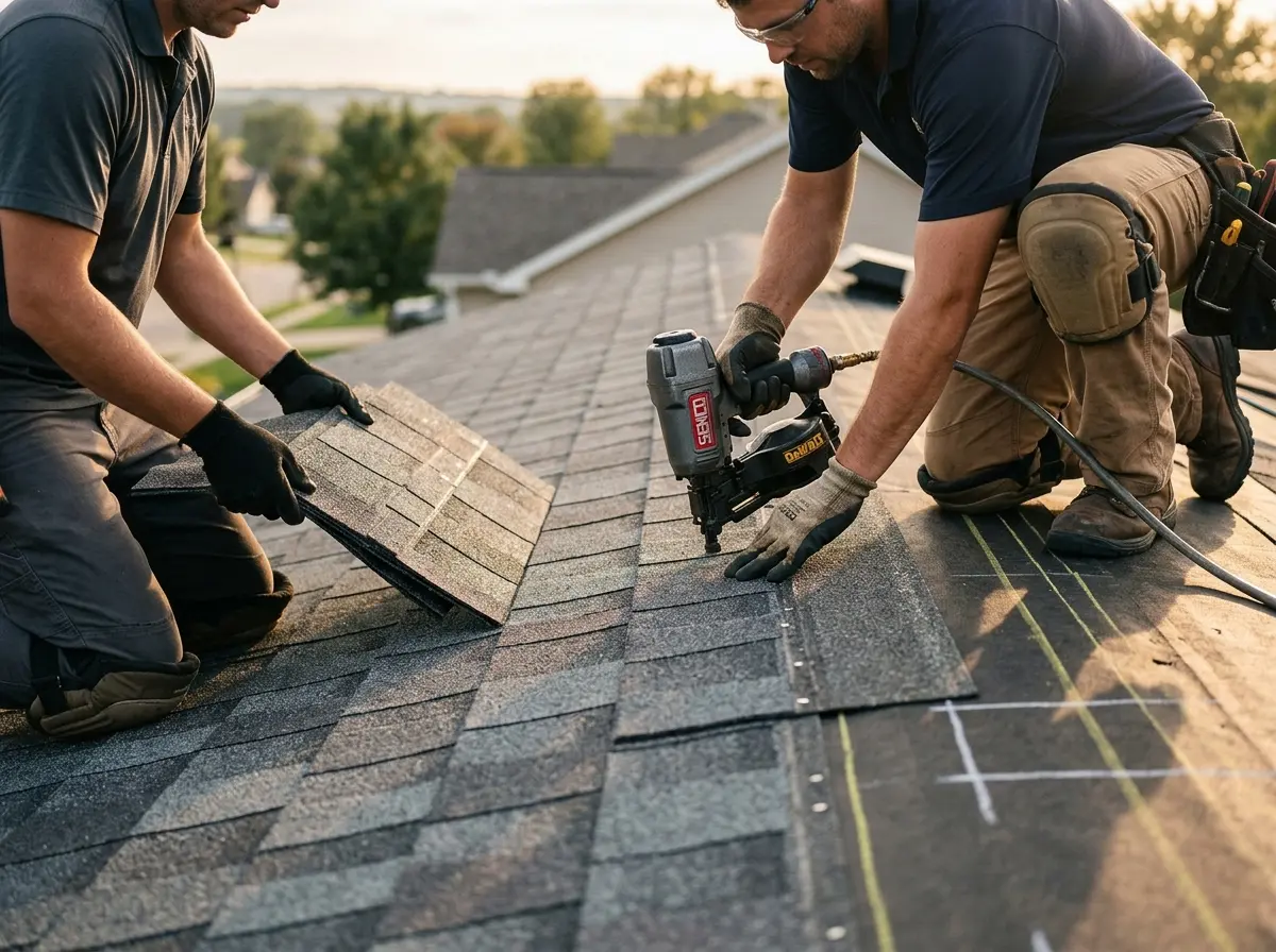 Professional roofer working on a residential roof in Ambler